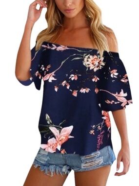 NEW YOINS Navy Floral Print Short Sleeve Off the Shoulder Blouse Size Small